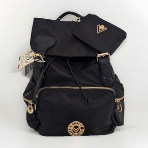 Orlandi Valentino Black Nylon Backpack Gold Hardware Drawstring Flap Bag NWTA